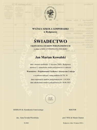 Świadectwo ukończenia studiów podyplomowych